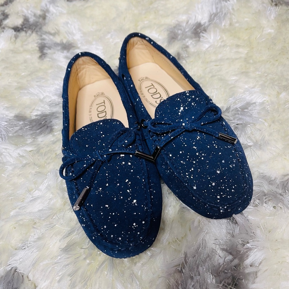 Tods Blue Loafers with Bow and Glitters Style